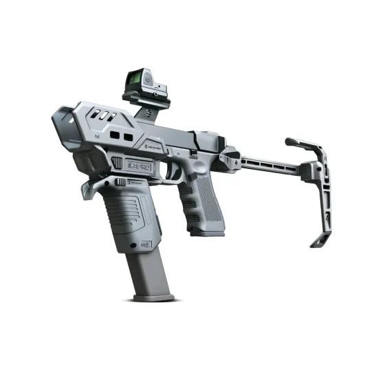 Recover SPRO MG FULL KIT Conversion Kit als Pistolen-Chassis mit Stabilisator und montiertem Rotpunktvisier, Seitenansicht
