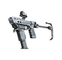 Recover SPRO MG FULL KIT Conversion Kit als Pistolen-Chassis mit Stabilisator und montiertem Rotpunktvisier, Seitenansicht

