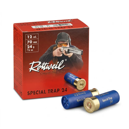 Rottweil 12/70 Special Trap 2,4 mm 24 g Schrotpatrone, Schachtel mit zwei Patronen, seitliche Ansicht