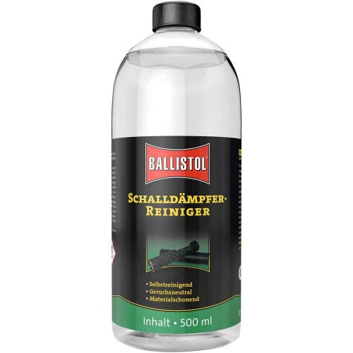 Ballistol Schalldämpfer Reiniger 500 ml Flasche mit schwarzem Etikett und Produktangaben.
