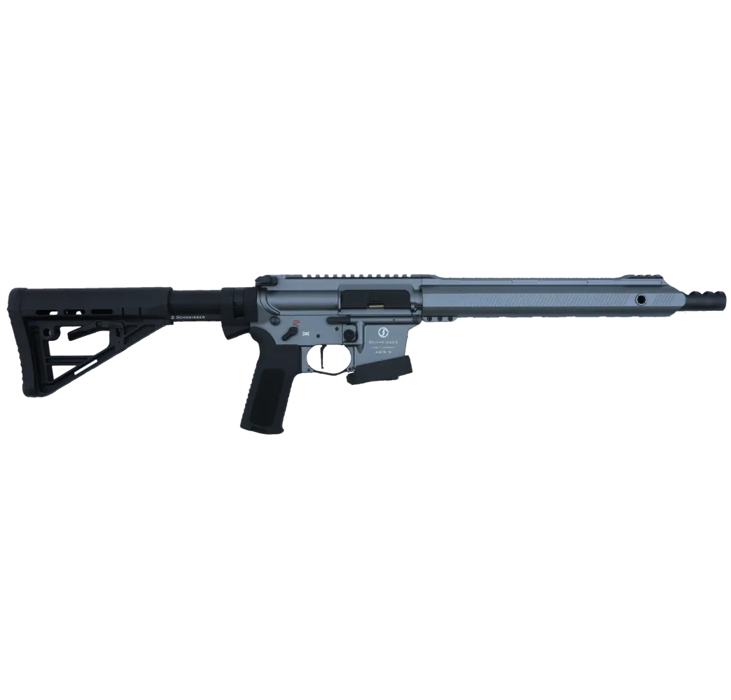 Schmeisser AR15-9 S4F Sport PCC Grey Dynamic 9mm mit 14,5-Zoll-Lauf, rechte Seitenansicht vor weißem Hintergrund