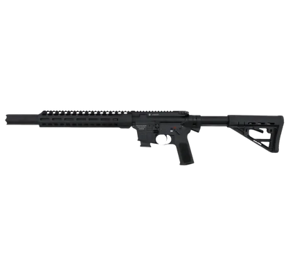 Schmeisser AR15-S4F SD 9mm Selbstladekarabiner mit Integralschalldämpfer, linke Seitenansicht vor weißem Hintergrund