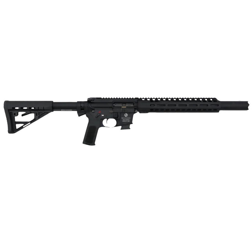 Schmeisser AR15-S4F SD 9mm Selbstladekarabiner mit Integralschalldämpfer, rechte Seitenansicht vor weißem Hintergrund