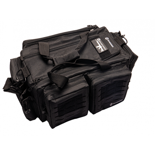 Schwarzer Schmeisser Range Bag aus robustem Nylon mit Tragegriffen, Schultergurt und mehreren aufgesetzten Außentaschen für Magazine und Zubehör.
