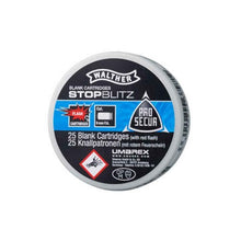 Walther Stop Blitz Platzpatronen 9 mm P.A.K. 25 Stück Dose mit rotem Feuerschein, Produktetikett Vorderseite