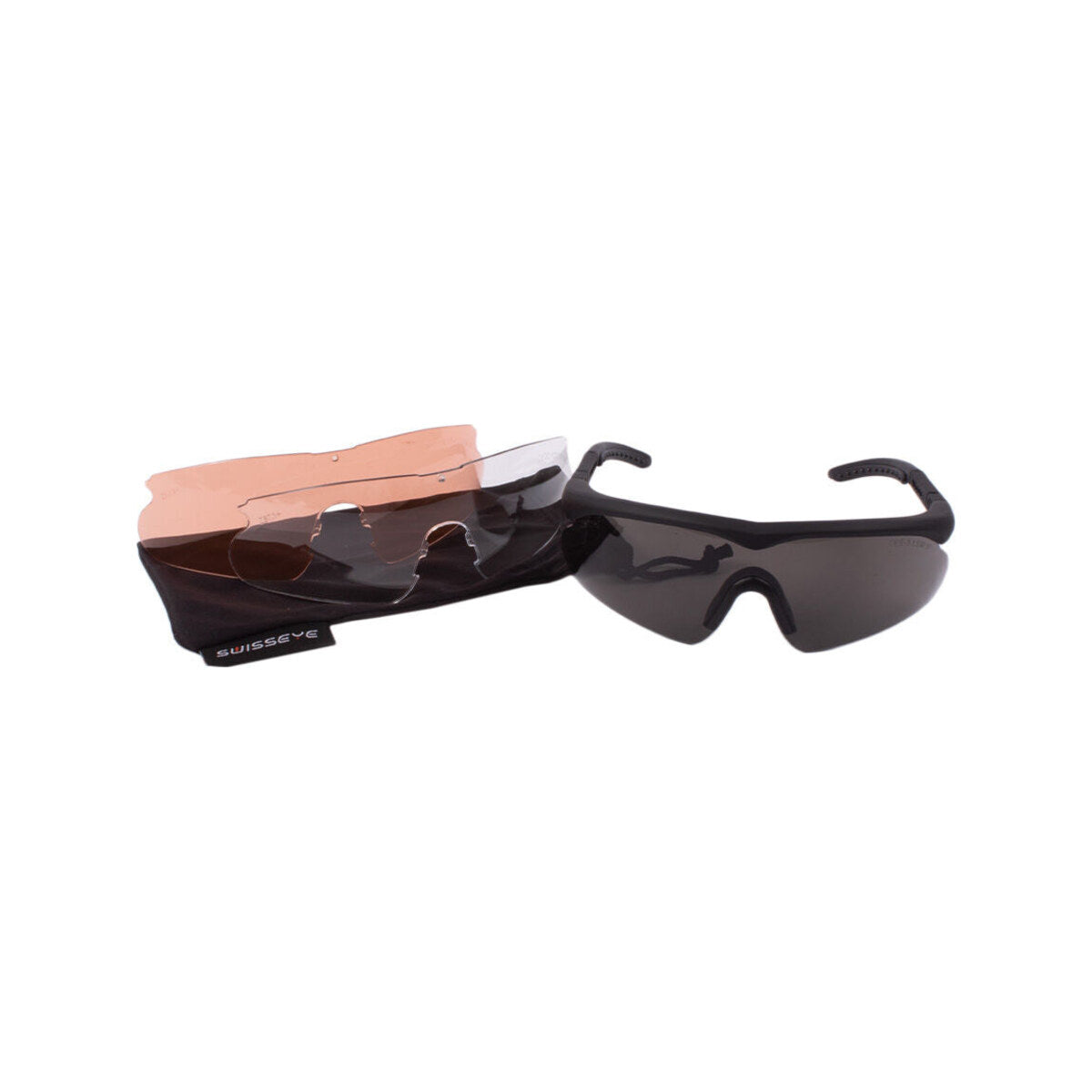 Swiss Eye Raptor M in Schwarz mit Smoke-Scheibe, orangefarbener und klarer Wechselscheibe sowie Mikrofaserbeutel