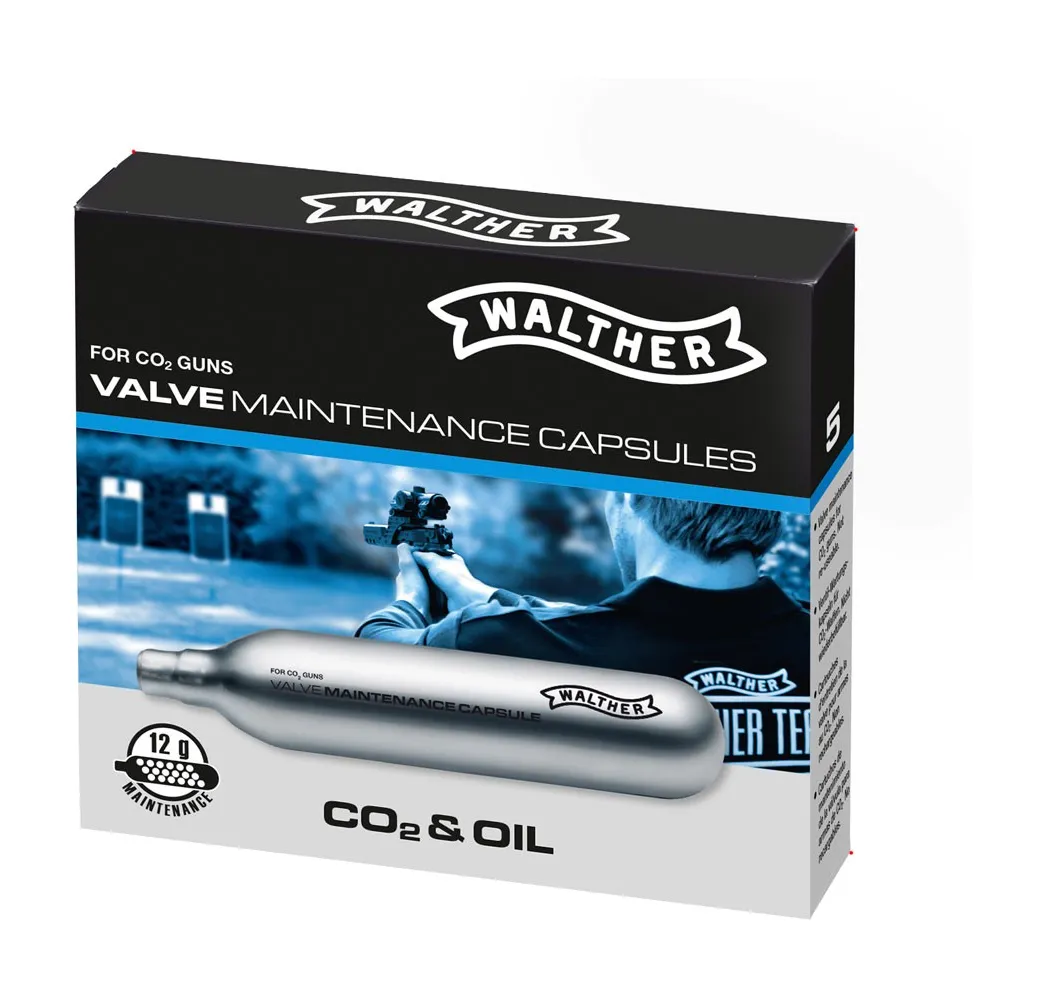 Walther CO2 Ventil-Wartungskapseln 12 g mit Spezialöl, Packung mit 5 Stück