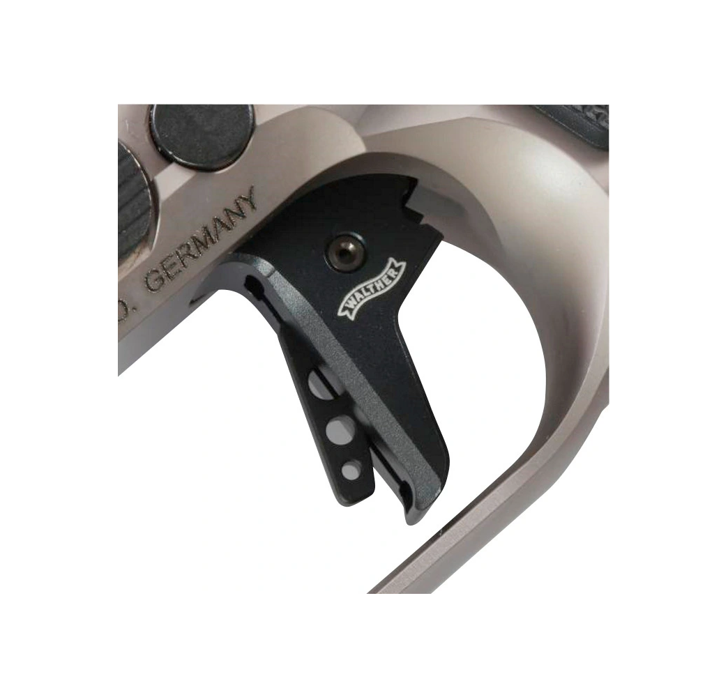 Walther Dynamic Performance Trigger, gerades Aluminium-Züngel eingebaut in ein Walther Griffstück, Nahaufnahme