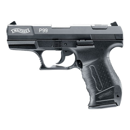 Walther P99 9mm P.A.K. Schreckschusspistole in Schwarz, rechte Seitenansicht vor weißem Hintergrund