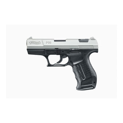 Walther P99 9mm P.A.K. Schreckschusspistole, rechte Seitenansicht vor weißem Hintergrund
