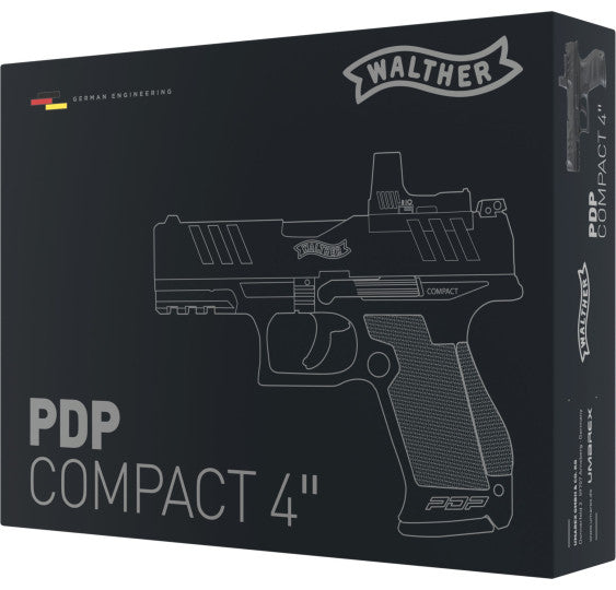 Walther PDP Compact 4" Co2 Airsoftpistole 6mm BB, Gesamtansicht mit Waffenkoffer und Lieferumfang vor weißem Hintergrund