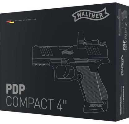 Walther PDP Compact 4" Co2 Airsoftpistole 6mm BB, Gesamtansicht mit Waffenkoffer und Lieferumfang vor weißem Hintergrund