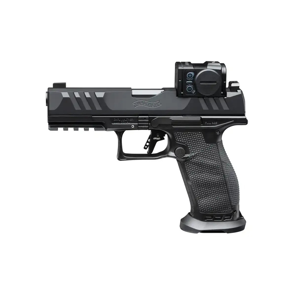 Walther PDP Full Size 4,5 Professional Acro 9mm Pistole mit Aimpoint Acro, linke Seitenansicht vor weißem Hintergrund