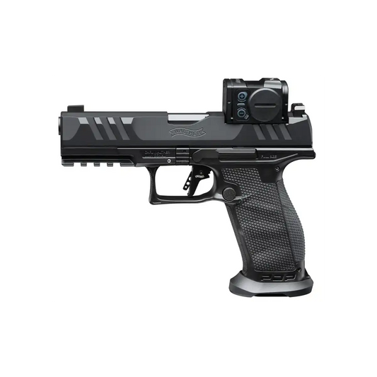 Walther PDP Full Size 4,5 Professional Acro 9mm Pistole mit Aimpoint Acro, linke Seitenansicht vor weißem Hintergrund