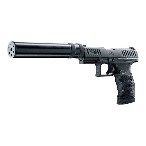 Walther PPQ M2 Navy Kit 9mm P.A.K. Schreckschusspistole, Detailansicht Schalldämpfer vor weißem Hintergrund
