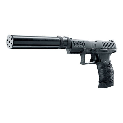 Walther PPQ M2 Navy Kit 9mm P.A.K. Schreckschusspistole, Detailansicht Schalldämpfer vor weißem Hintergrund