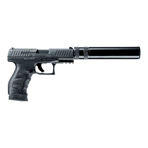 Walther PPQ M2 Navy Kit 9mm P.A.K. Schreckschusspistole mit komplettem Lieferumfang im Waffenkoffer vor weißem Hintergrund