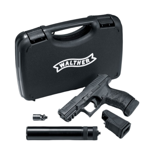 Walther PPQ M2 Navy Kit 9mm P.A.K. Schreckschusspistole mit Schalldämpfer, rechte Seitenansicht vor weißem Hintergrund