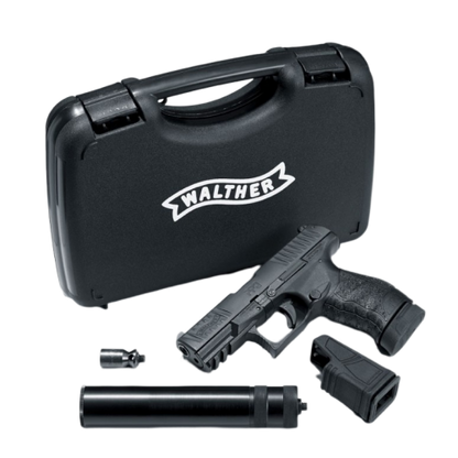 Walther PPQ M2 Navy Kit 9mm P.A.K. Schreckschusspistole mit Schalldämpfer, rechte Seitenansicht vor weißem Hintergrund