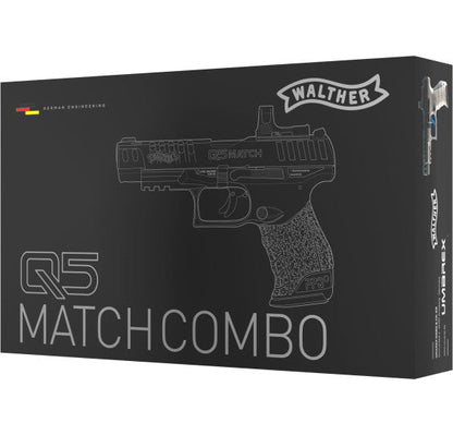 Walther Q5 Match Combo 5" CO2 Luftpistole 4,5mm Diabolo, Lieferumfang komplett vor weißem Hintergrund