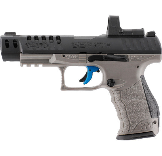 Walther Q5 Match Combo 5" CO2 Luftpistole 4,5mm Diabolo, linke Seitenansicht vor weißem Hintergrund